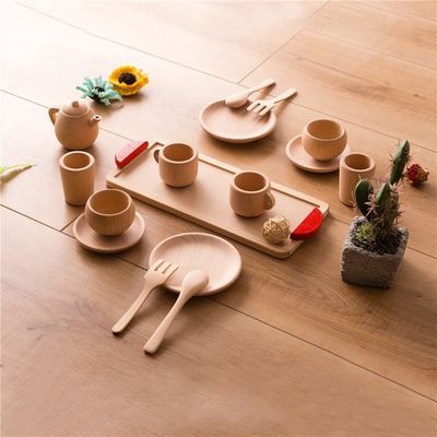 Utensílios de mesa de madeira das crianças ISO9001 dos potenciômetros e das bandejas do jogo do Teatime do potenciômetro