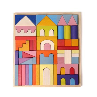 Blocos de apartamentos 4.5cm de madeira cognitivos do arco-íris dos brinquedos dos blocos do castelo