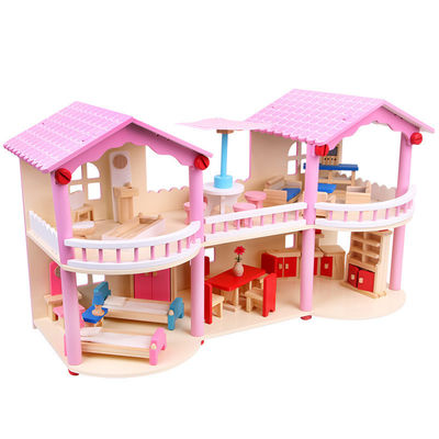 tradicional cor-de-rosa de 24cm Mini Wooden Doll House Toys colorido