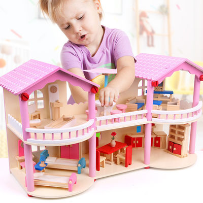 tradicional cor-de-rosa de 24cm Mini Wooden Doll House Toys colorido