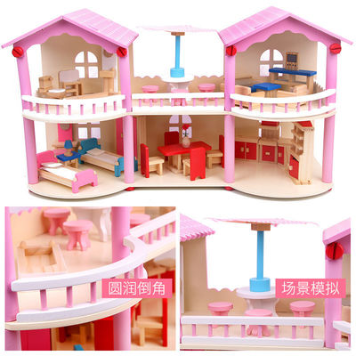 tradicional cor-de-rosa de 24cm Mini Wooden Doll House Toys colorido