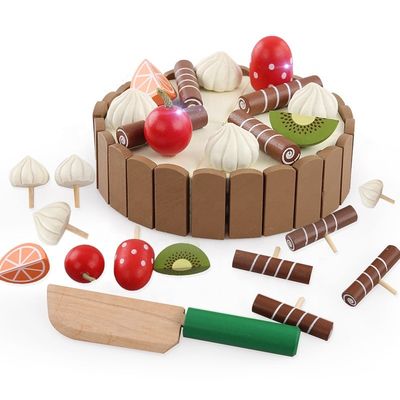 Fruto de madeira do bolo 11cm que corta brinquedos de desbastamento ajustados do jogo do papel das crianças