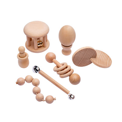 O gráfico chocalha 7Pc Teether de madeira para o anel saindo os dentes de madeira do bebê