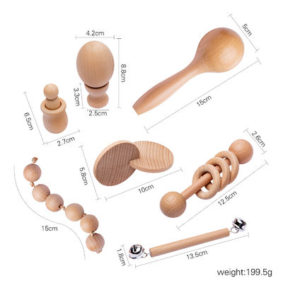 O gráfico chocalha 7Pc Teether de madeira para o anel saindo os dentes de madeira do bebê