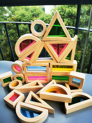 Madeira de borracha contínua de madeira de Montessori Toy Sensory Rainbow Mirror Blocks das crianças que empilha o empilhador acrílico de Buliding educacional