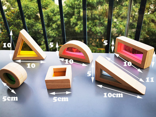 Madeira de borracha contínua de madeira de Montessori Toy Sensory Rainbow Mirror Blocks das crianças que empilha o empilhador acrílico de Buliding educacional