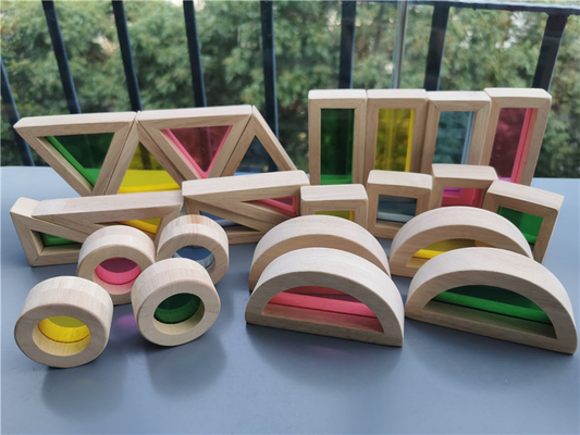 Madeira de borracha contínua de madeira de Montessori Toy Sensory Rainbow Mirror Blocks das crianças que empilha o empilhador acrílico de Buliding educacional