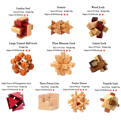 O Q.I. de madeira de Kong Ming Puzzles Set Luban Lock confunde o jogo para o brinquedo adulto do jogo do grau dos níveis de Brain Teaser 3 do assassino de tempo das crianças