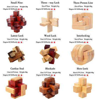 O Q.I. de madeira de Kong Ming Puzzles Set Luban Lock confunde o jogo para o brinquedo adulto do jogo do grau dos níveis de Brain Teaser 3 do assassino de tempo das crianças