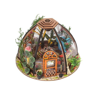 Casa de boneca diminuta de madeira de DIY com a bateria da luz do diodo emissor de luz da ferramenta de jardinagem da mobília