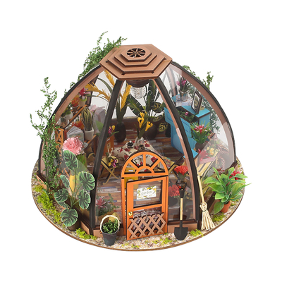 Casa de boneca diminuta de madeira de DIY com a bateria da luz do diodo emissor de luz da ferramenta de jardinagem da mobília