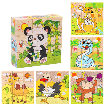 O bloco de madeira do bebê brinca o fruto animal adiantado aprendendo seis serras de vaivém do cubo do lado 3D
