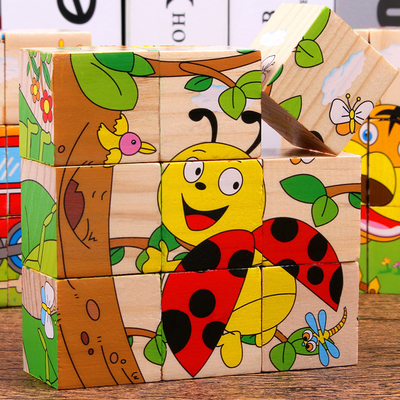 O bloco de madeira do bebê brinca o fruto animal adiantado aprendendo seis serras de vaivém do cubo do lado 3D