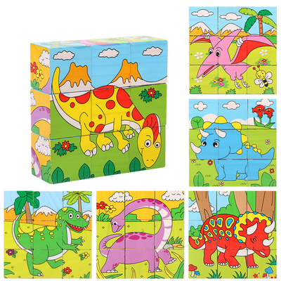 O bloco de madeira do bebê brinca o fruto animal adiantado aprendendo seis serras de vaivém do cubo do lado 3D
