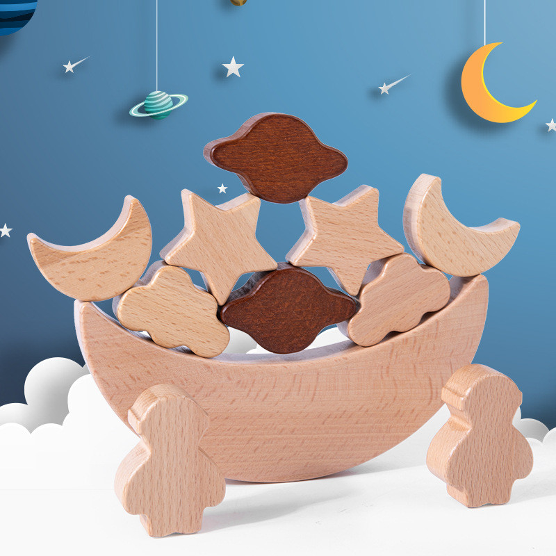 A lua de madeira das estrelas dos blocos dos brinquedos educacionais das crianças de Montessori empilhou o contra de madeira de Toy Diy Baby Balance Training dos blocos